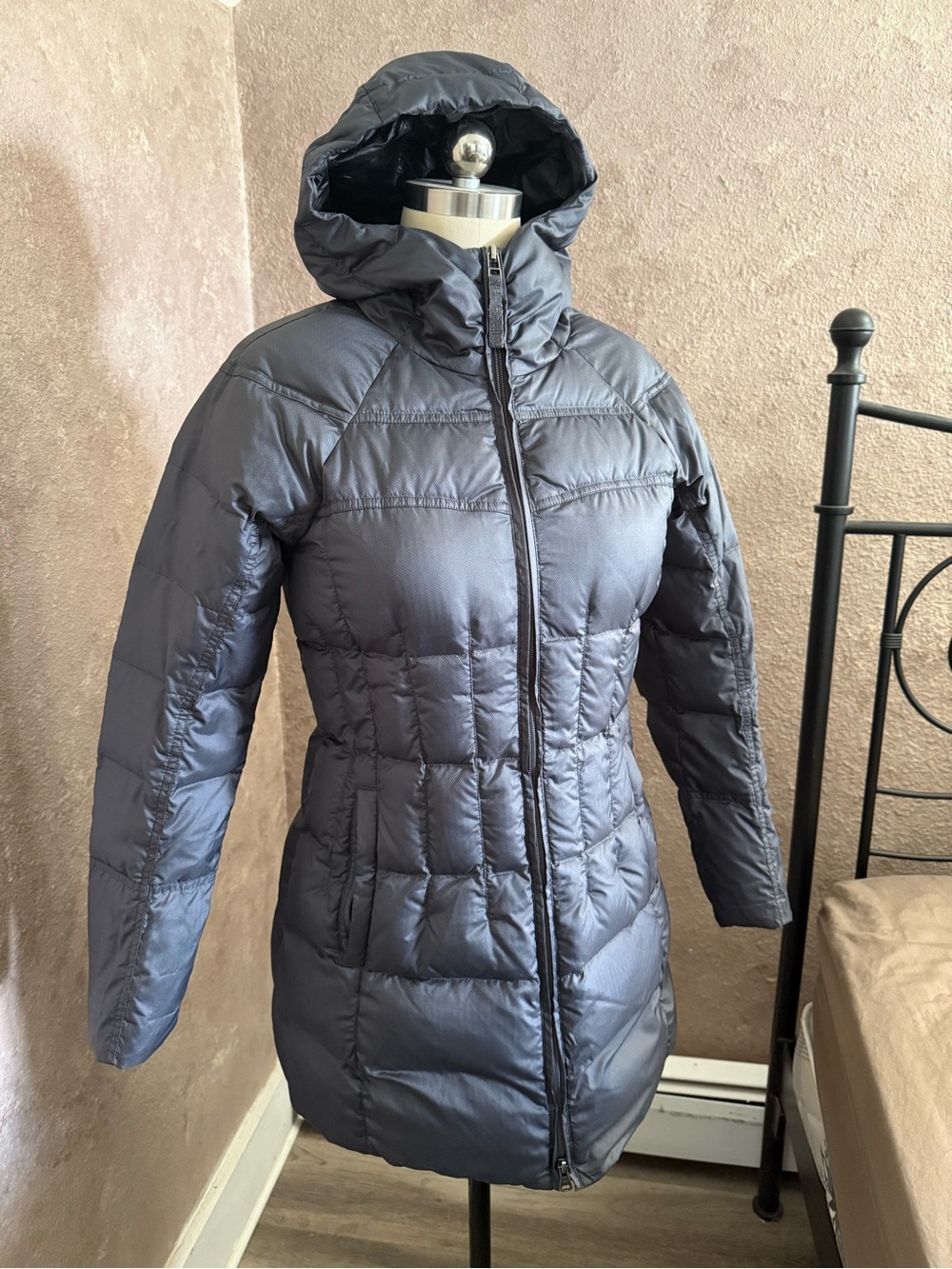 Prana Women's Hooded Long Puffer Coat in Charcoal color